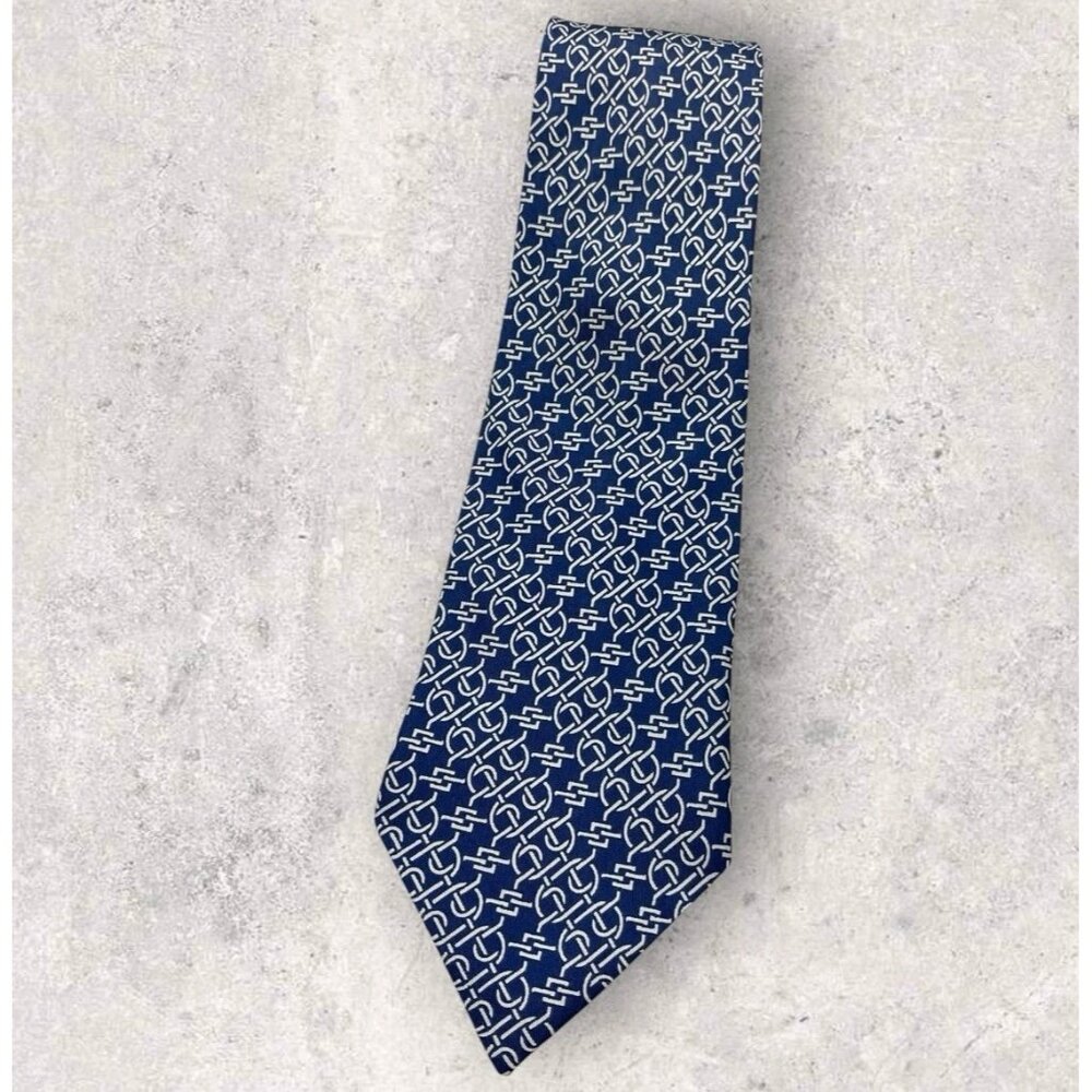 HERMÈS VINTAGE 233 FA-A Silk Tie FRANCE Blue Geometric W:4.1" EUC
